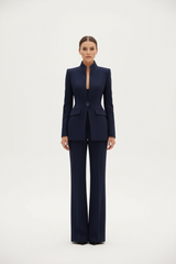 Women's Blazer and Palazzo Trousers Suit Set with Stand Collar and Single Button