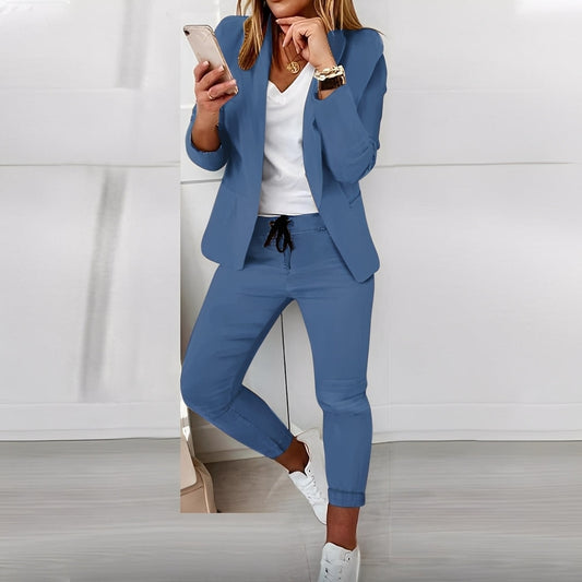 Women's Blazer and Trouser Set with Long Sleeves and Drawstring Waist
