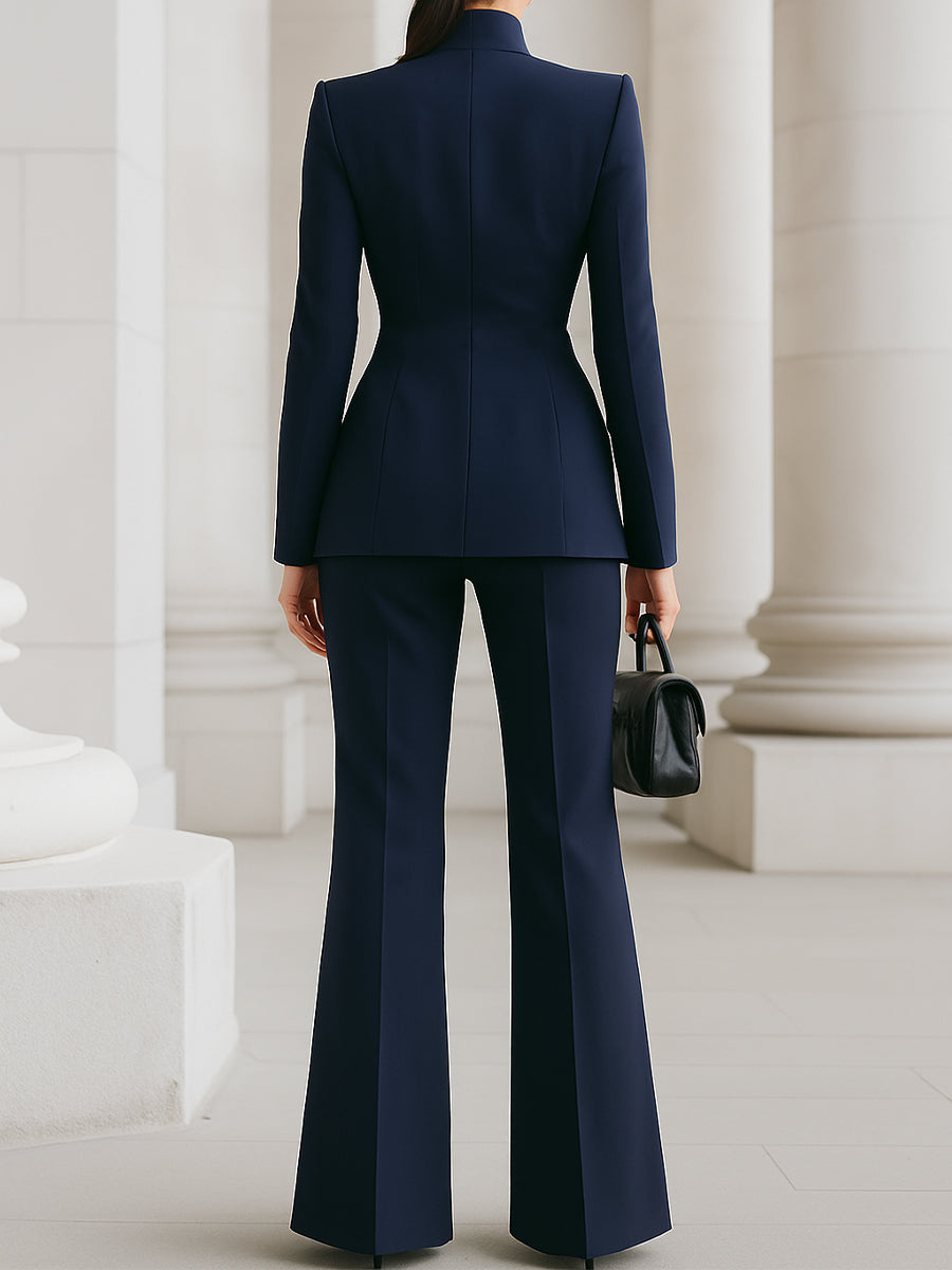 Women's Blazer and Wide-Leg Pants Suit Set with Stand Collar and Single Button