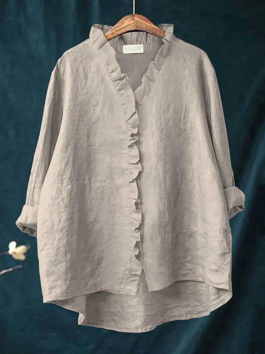 Women's Blouse Long Sleeve with Ruffle V-Neck and Button Closure