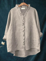 Women's Blouse Long Sleeve with Ruffle V-Neck and Button Closure