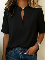 Women's Blouse Short Sleeve with V-Neck and Stand Collar