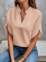Women's Blouse with Split V-Neck and Short Flutter Sleeves