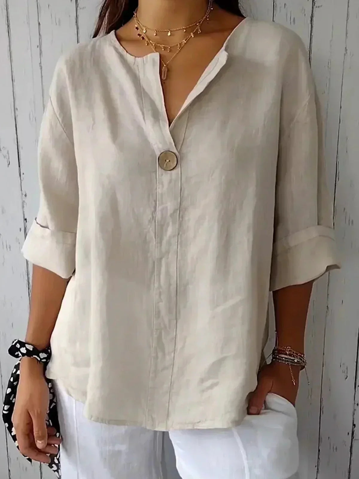 Women's Blouse with V-Neck, Single Button and Three-Quarter Roll-Up Sleeves