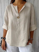 Women's Blouse with V-Neck, Single Button and Three-Quarter Roll-Up Sleeves