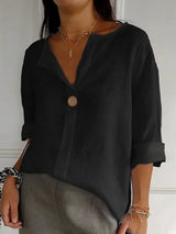 Women's Blouse with V-Neck, Single Button and Three-Quarter Roll-Up Sleeves