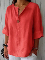 Women's Blouse with V-Neck, Single Button and Three-Quarter Roll-Up Sleeves