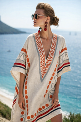 Women's Boho Beach Dress Short Sleeve V-Neck A-Line Midi with Ethnic Print