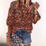 Women's Boho Blouse with V-Neck, Button Front and Three-Quarter Sleeves