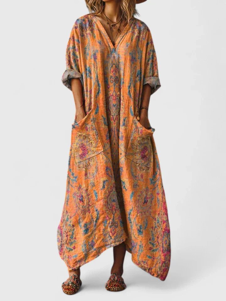 Women's Boho Maxi Dress with V-Neck, Oversized Fit and Pockets