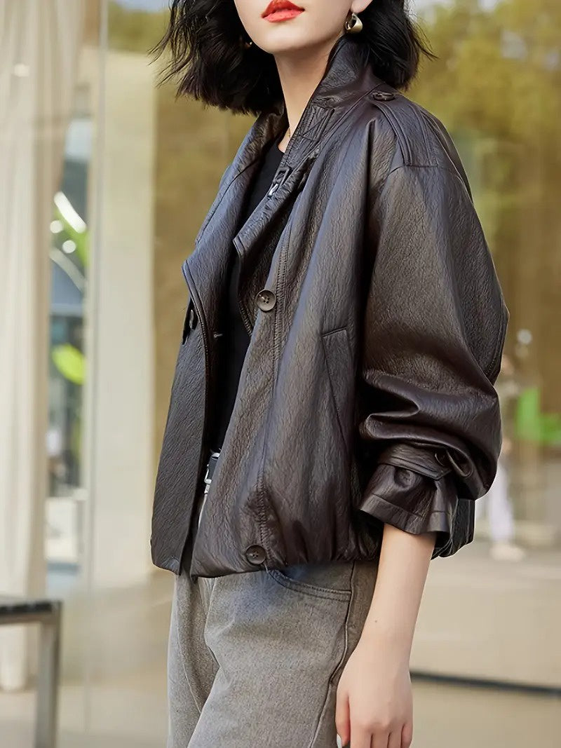 Women's Buckle Collar Jacket with Shoulder Epaulets