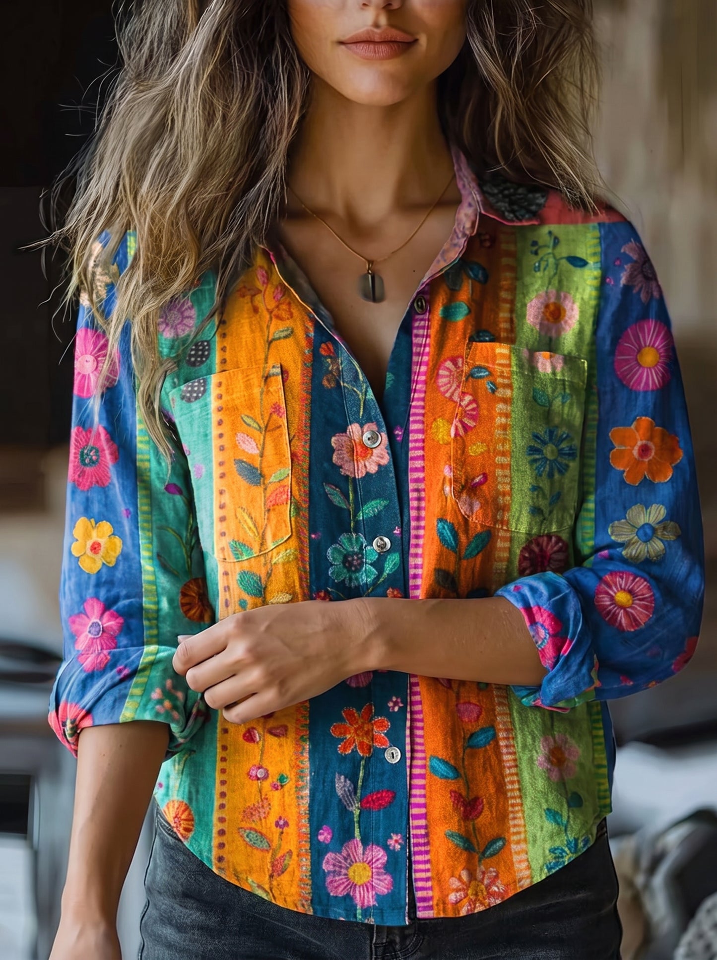 Women's Button-Down Shirt with Long Sleeves and Floral Print