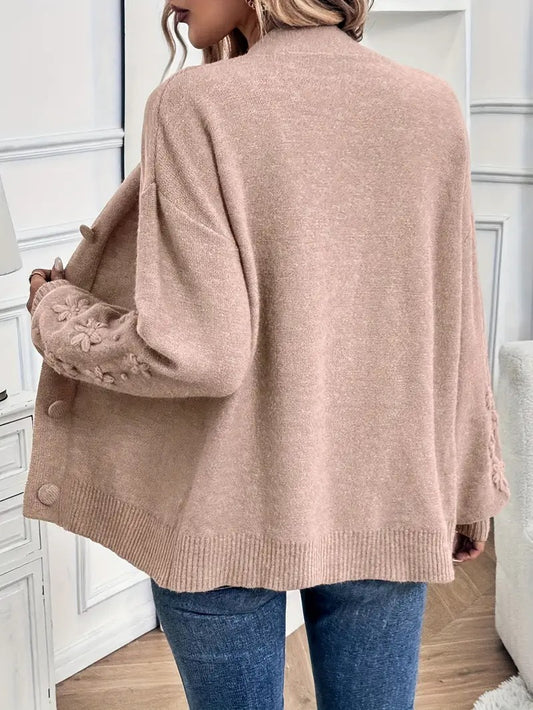 Women's Button-Front Cardigan with Embroidered Sleeves