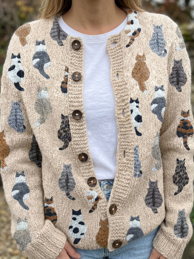 Women's Cardigan with Round Neck, Button Closure and Cat Print