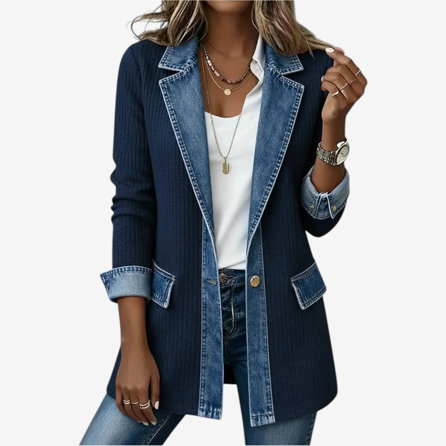 Women's Denim Trim Jacket Long Sleeve with Button Closure and Lapel Collar