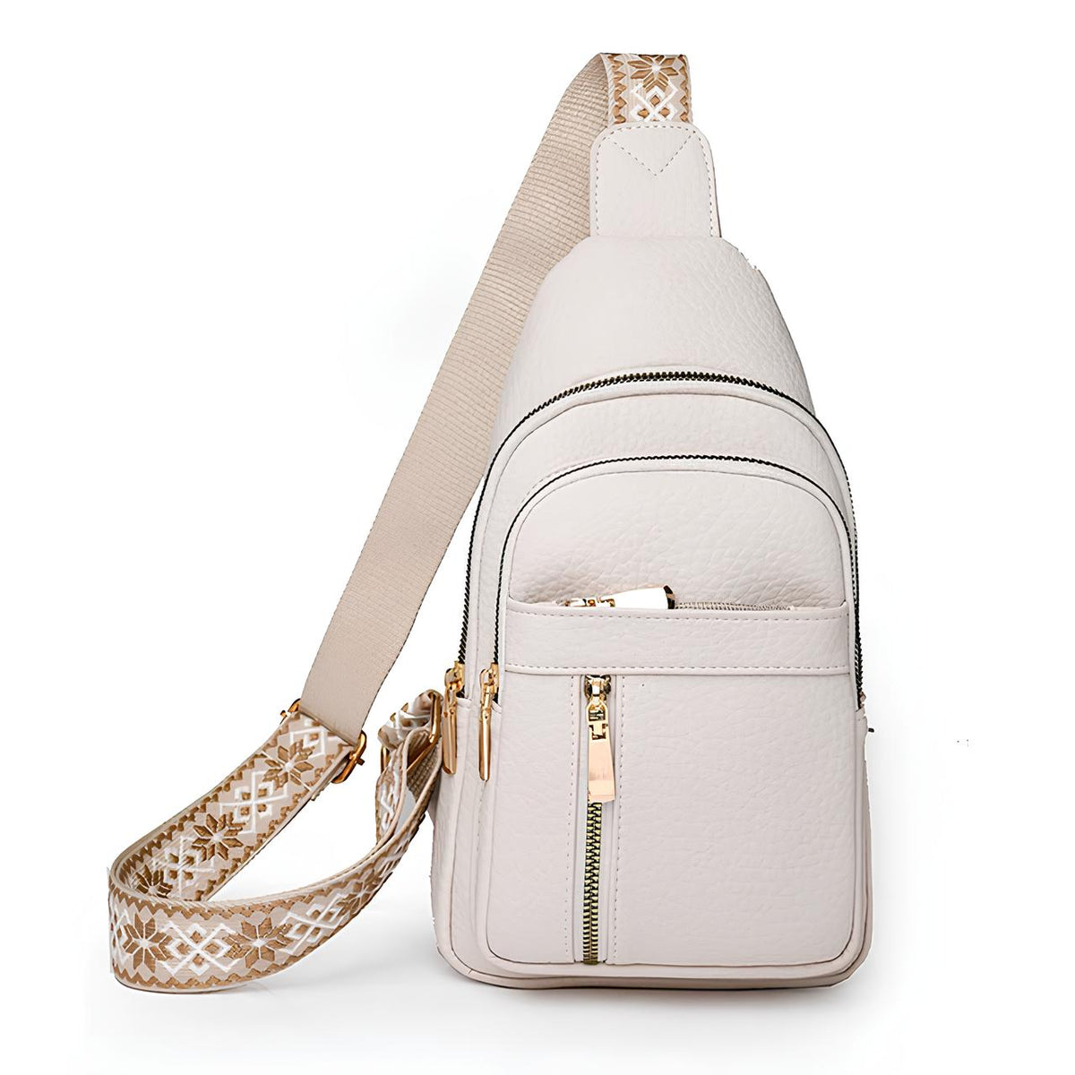 Women's Faux Leather Sling Bag with Patterned Strap and Gold-Tone Zippers