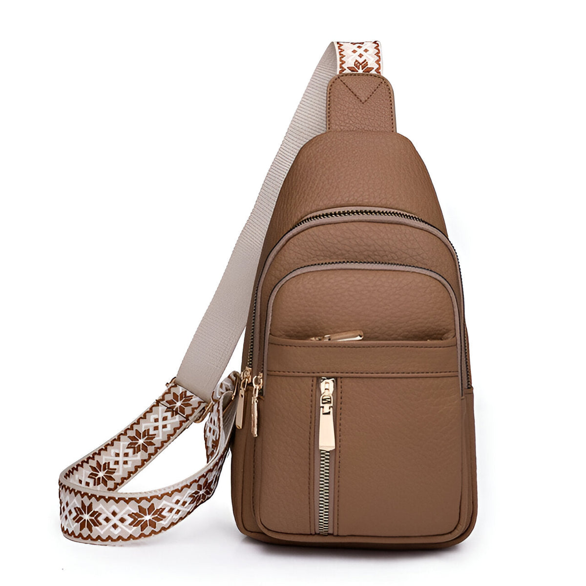 Women's Faux Leather Sling Bag with Patterned Strap and Gold-Tone Zippers