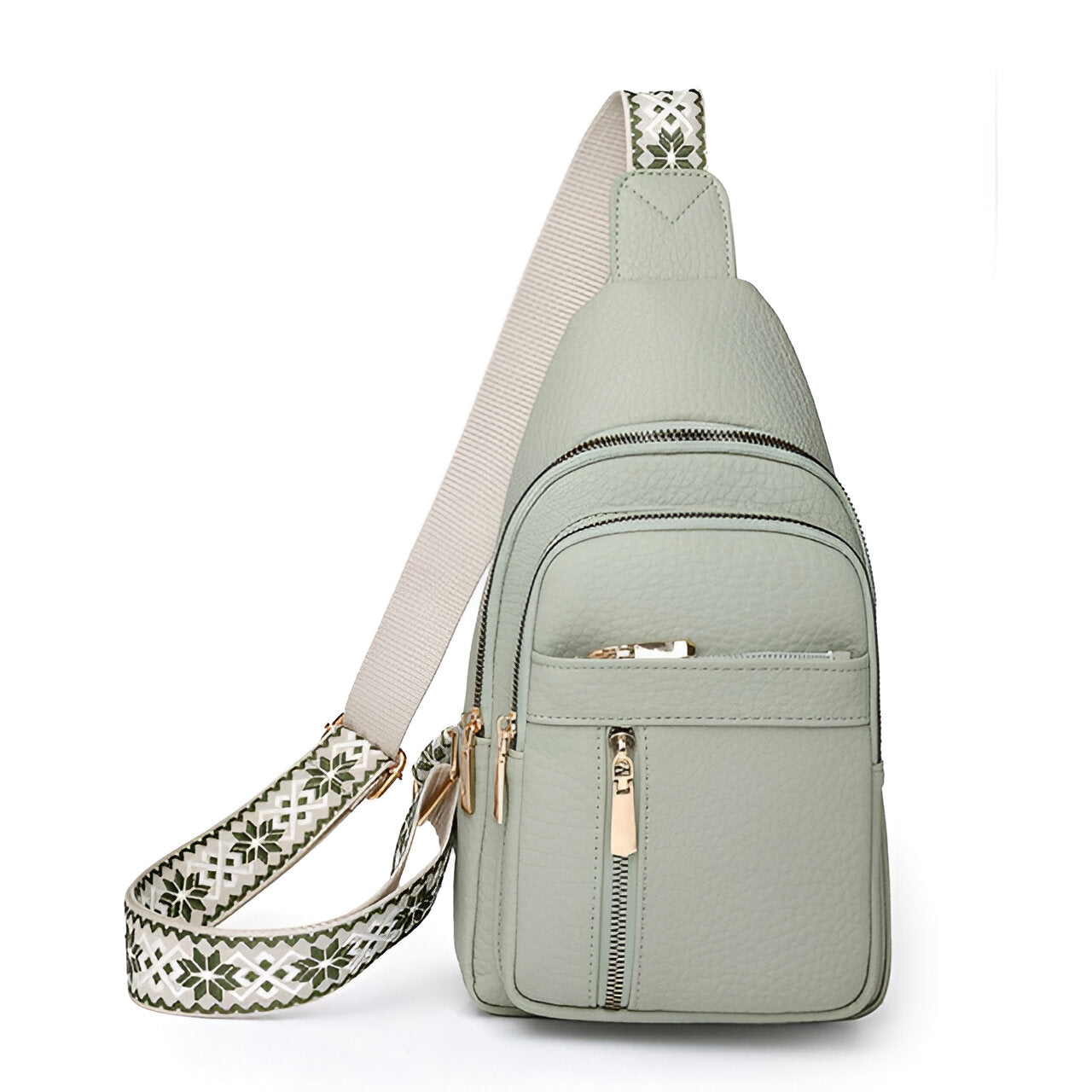 Women's Faux Leather Sling Bag with Patterned Strap and Gold-Tone Zippers