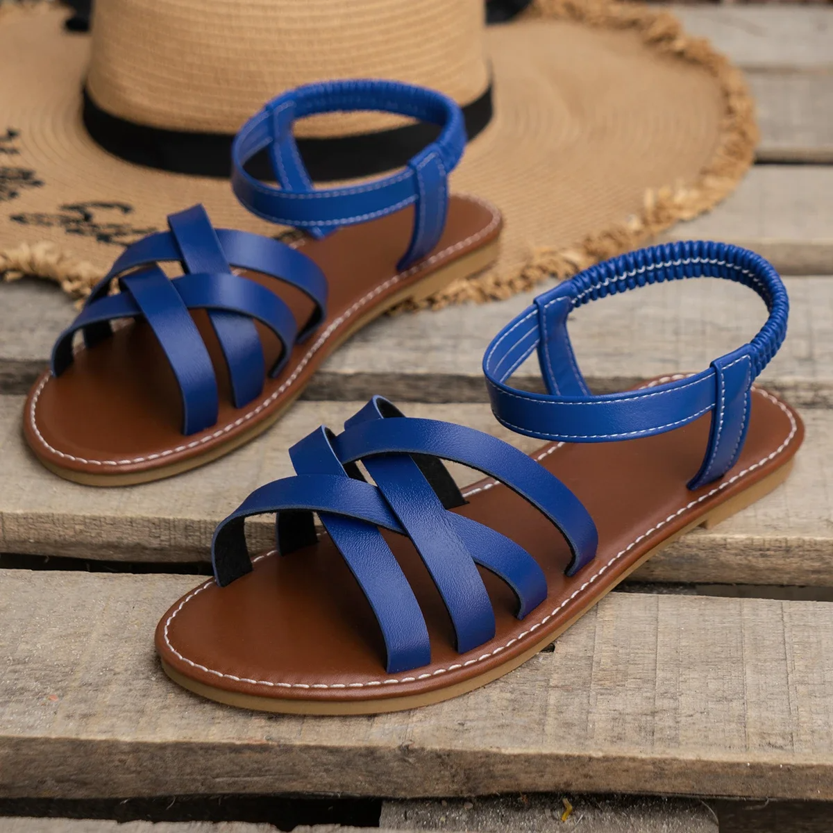 Women's Flat Sandals with Crossover Straps and Elastic Ankle Band