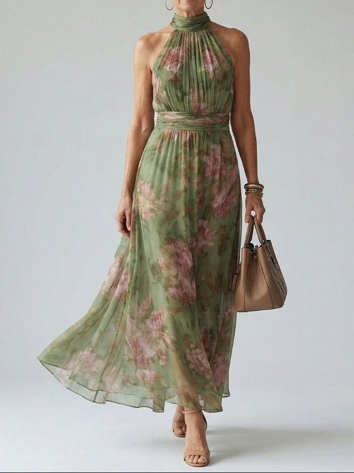 Women's Floral Maxi Dress Sleeveless with Halter Neck and A-Line Skirt