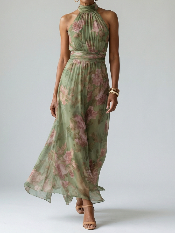 Women's Floral Maxi Dress Sleeveless with Halter Neck and A-Line Skirt