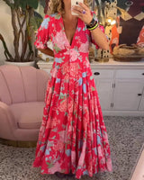 Women's Floral Maxi Dress with Short Sleeves, Deep V-Neck and A-Line Tiered Skirt
