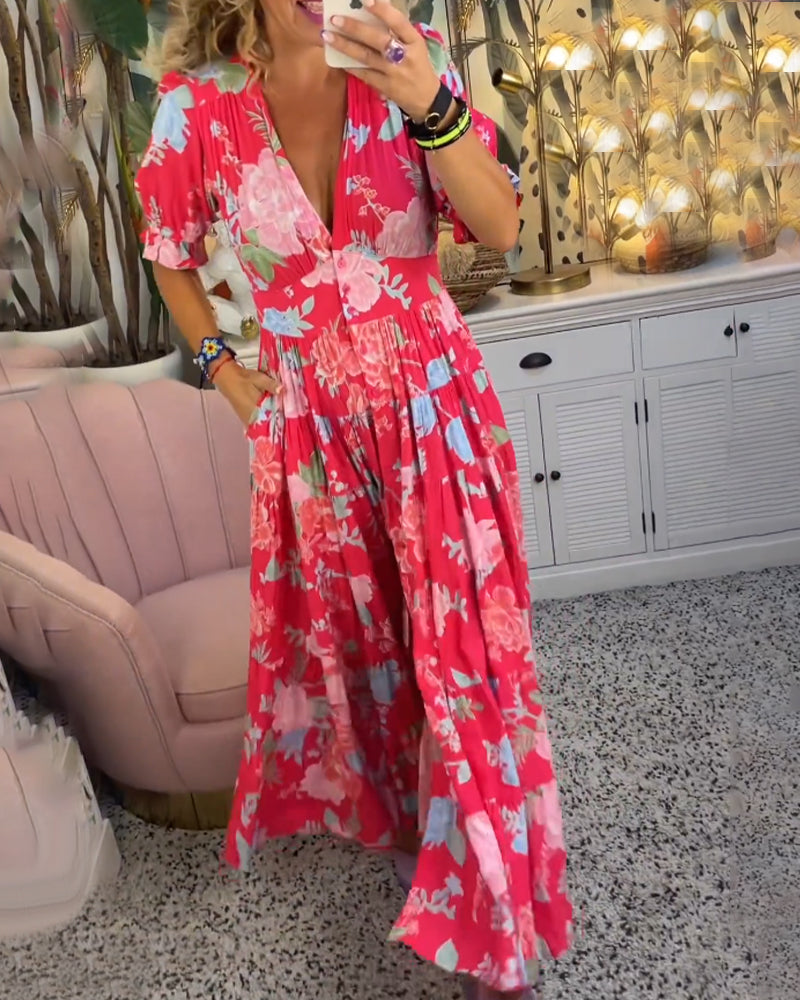 Women's Floral Maxi Dress with Short Sleeves, Deep V-Neck and A-Line Tiered Skirt
