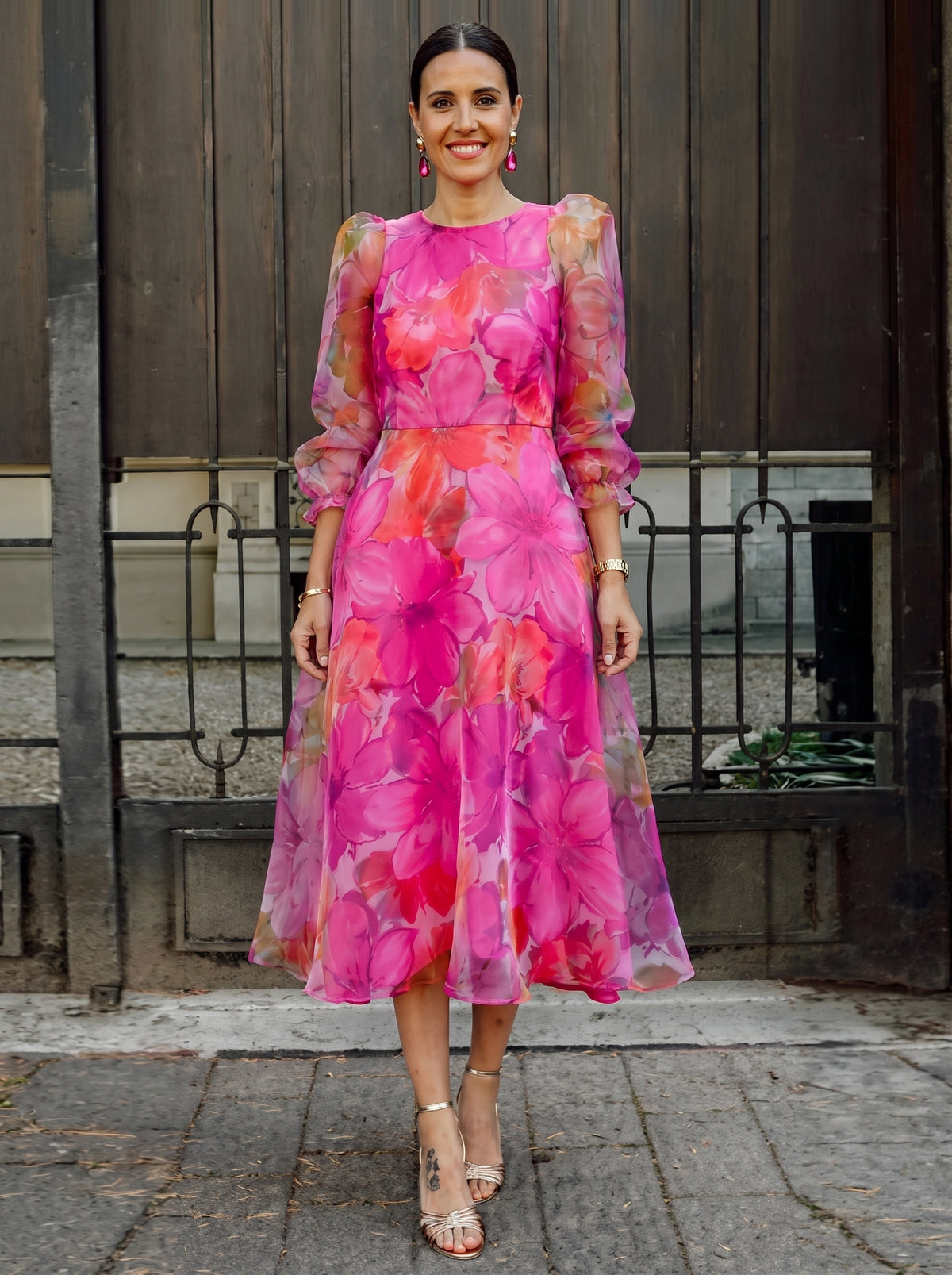 Women's Floral Midi Dress with Long Puff Sleeves and A-Line Silhouette