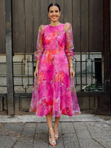 Women's Floral Midi Dress with Long Puff Sleeves and A-Line Silhouette