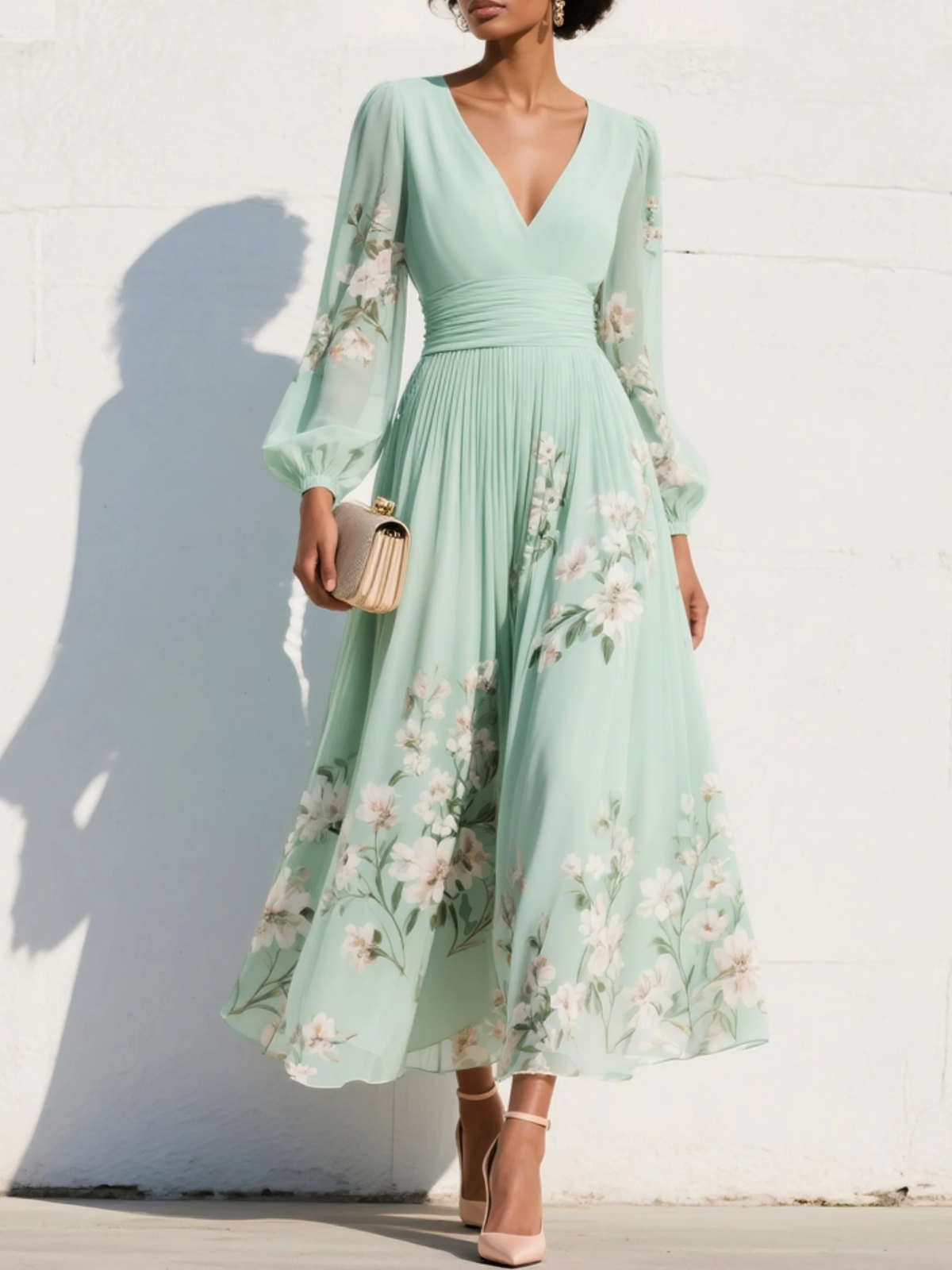 Women's Floral Midi Dress with V-Neck, Long Balloon Sleeves and A-Line Pleated Skirt