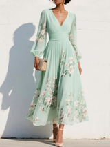 Women's Floral Midi Dress with V-Neck, Long Balloon Sleeves and A-Line Pleated Skirt