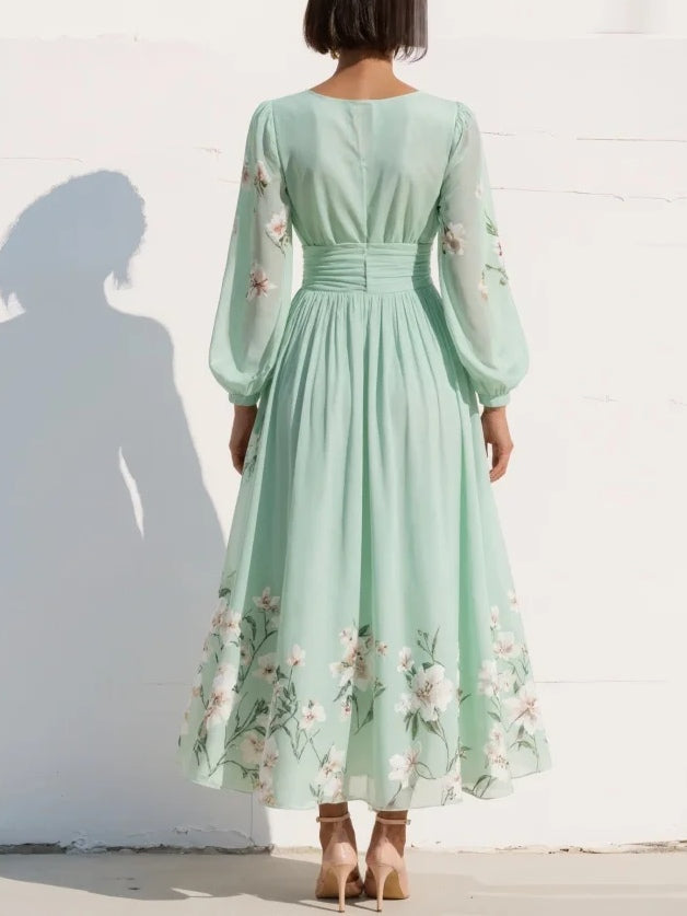 Women's Floral Midi Dress with V-Neck, Long Balloon Sleeves and A-Line Pleated Skirt
