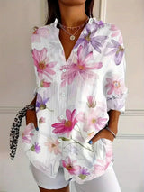 Women's Floral Print Blouse Long Sleeve with Button-Down Collar