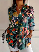 Women's Floral Print Blouse with Long Sleeves and Button Closure