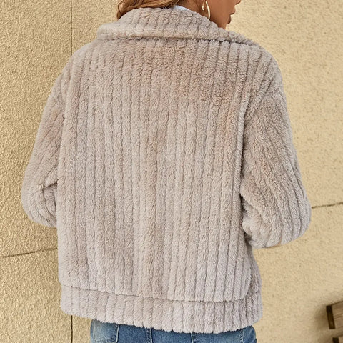 Women's Fluffy Zip-Up Jacket with Lapel Collar and Long Sleeves