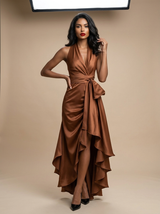 Women's Halter Neck Maxi with Wrap Waist and High-Low Ruffle Hem