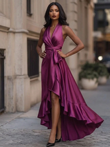 Women's Halter Neck Maxi with Wrap Waist and High-Low Ruffle Hem
