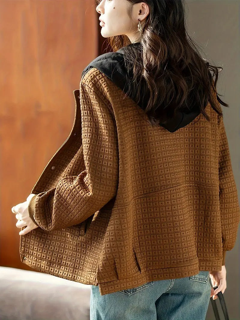 Women's Hooded Jacket with Textured Grid Pattern