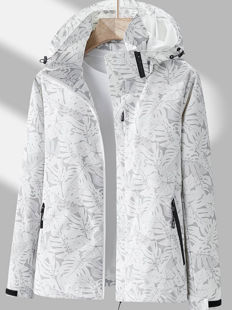 Women's Hooded Outdoor Jacket with Leaf Print and Zip Closure
