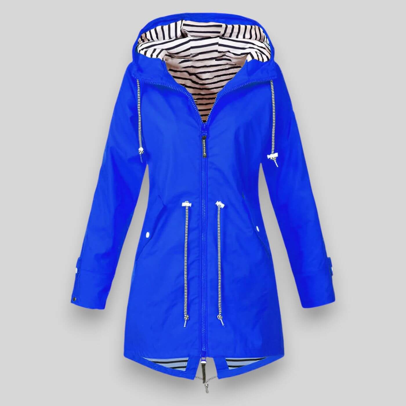 Women's Hooded Raincoat with Zip Closure and Striped Lining