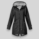 Women's Hooded Raincoat with Zip Closure and Striped Lining