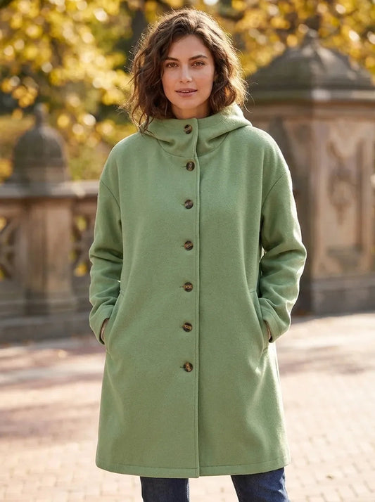 Women's Hooded Winter Coat with Button Closure and Side Pockets