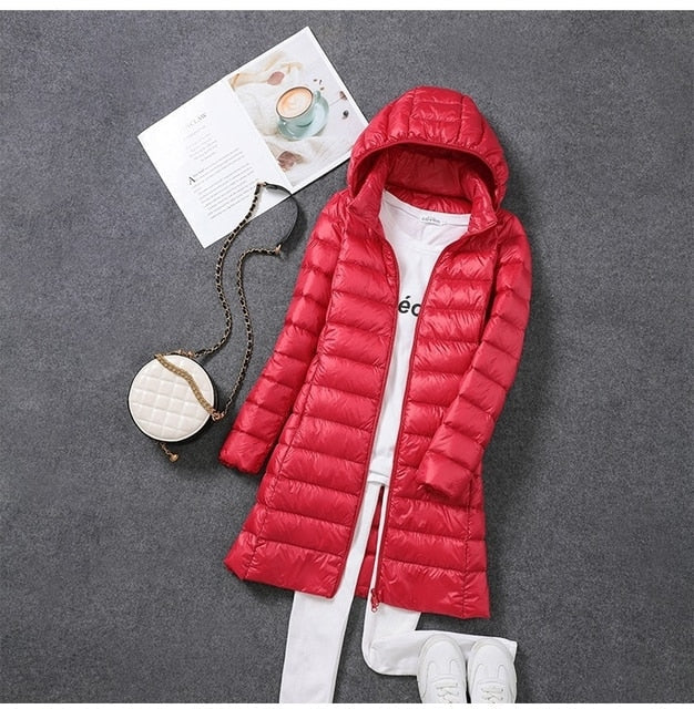 Women's Long Puffer Jacket with Detachable Hood and Zip Closure