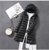 Women's Long Puffer Jacket with Detachable Hood and Zip Closure