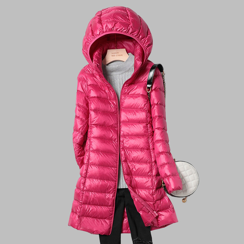 Women's Long Puffer Jacket with Detachable Hood and Zip Closure