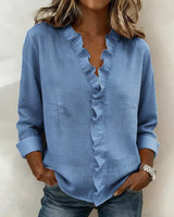 Women's Long Sleeve Blouse with V-Neck and Ruffle Detail