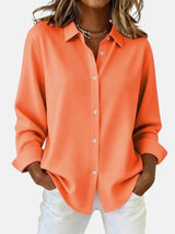 Women's Long Sleeve Button-Down Blouse with Spread Collar and Relaxed Fit