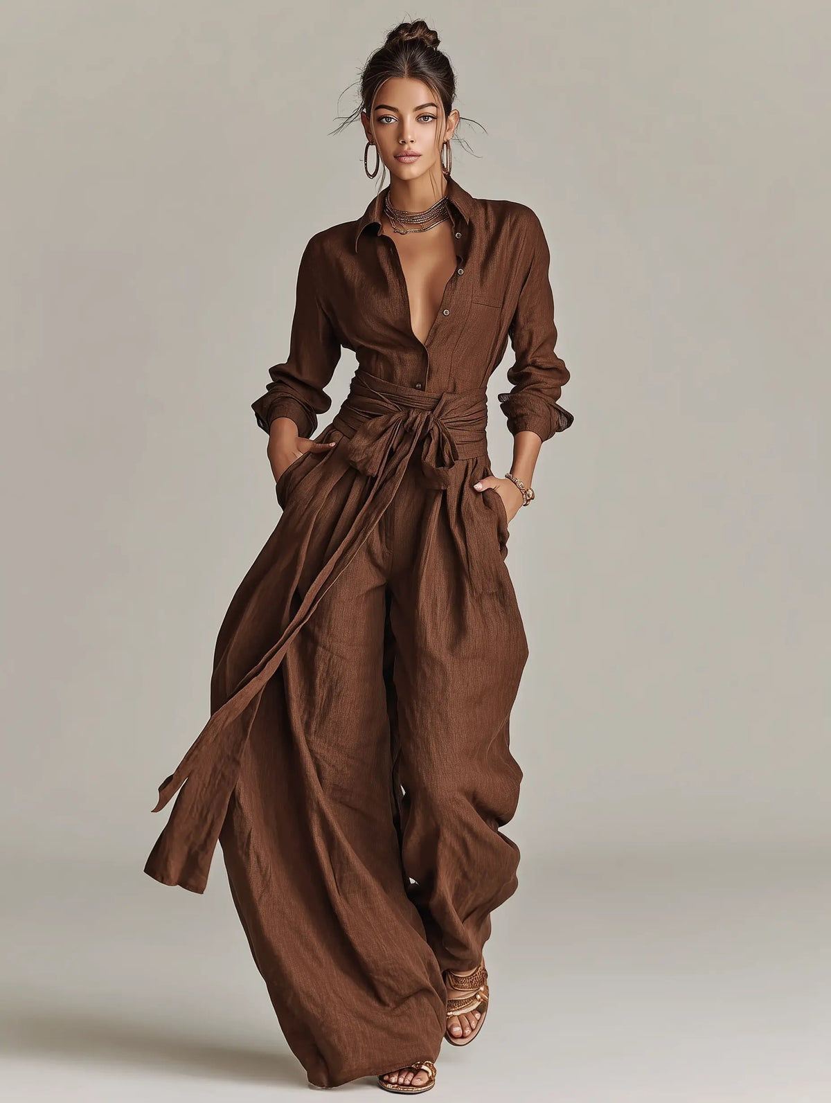 Women's Long Sleeve Jumpsuit with Shirt Collar, Tie Belt and Wide Leg