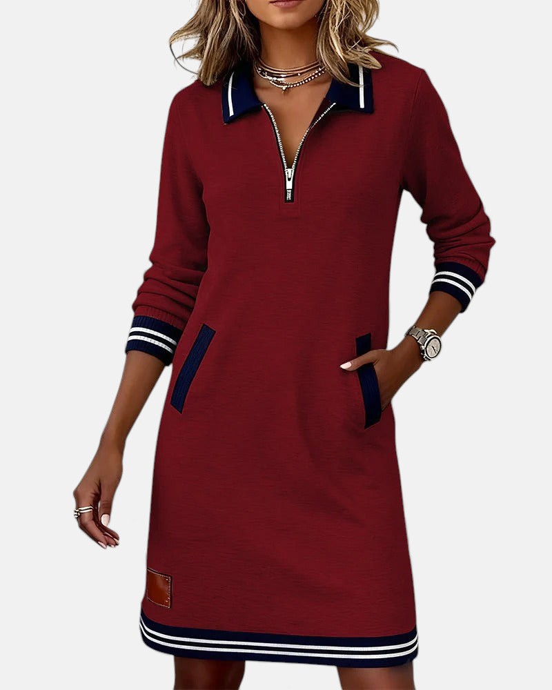 Women's Long Sleeve Mini Dress with Polo Collar and Zip Neckline