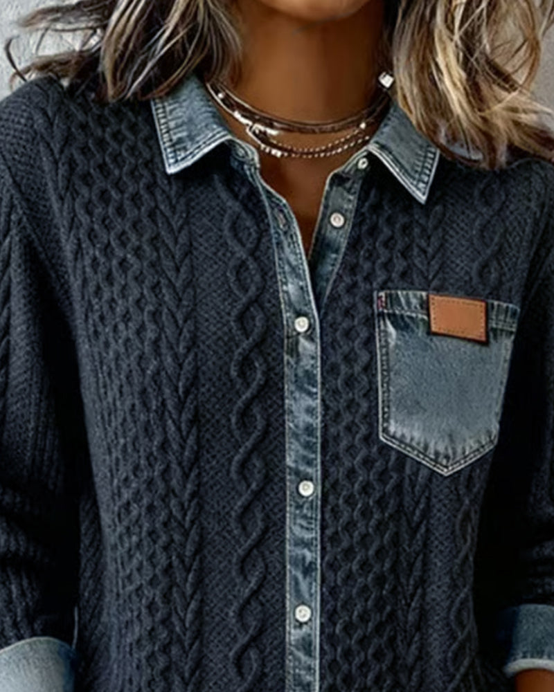 Women's Long Sleeve Sweater Top with Denim Collar and Button Front